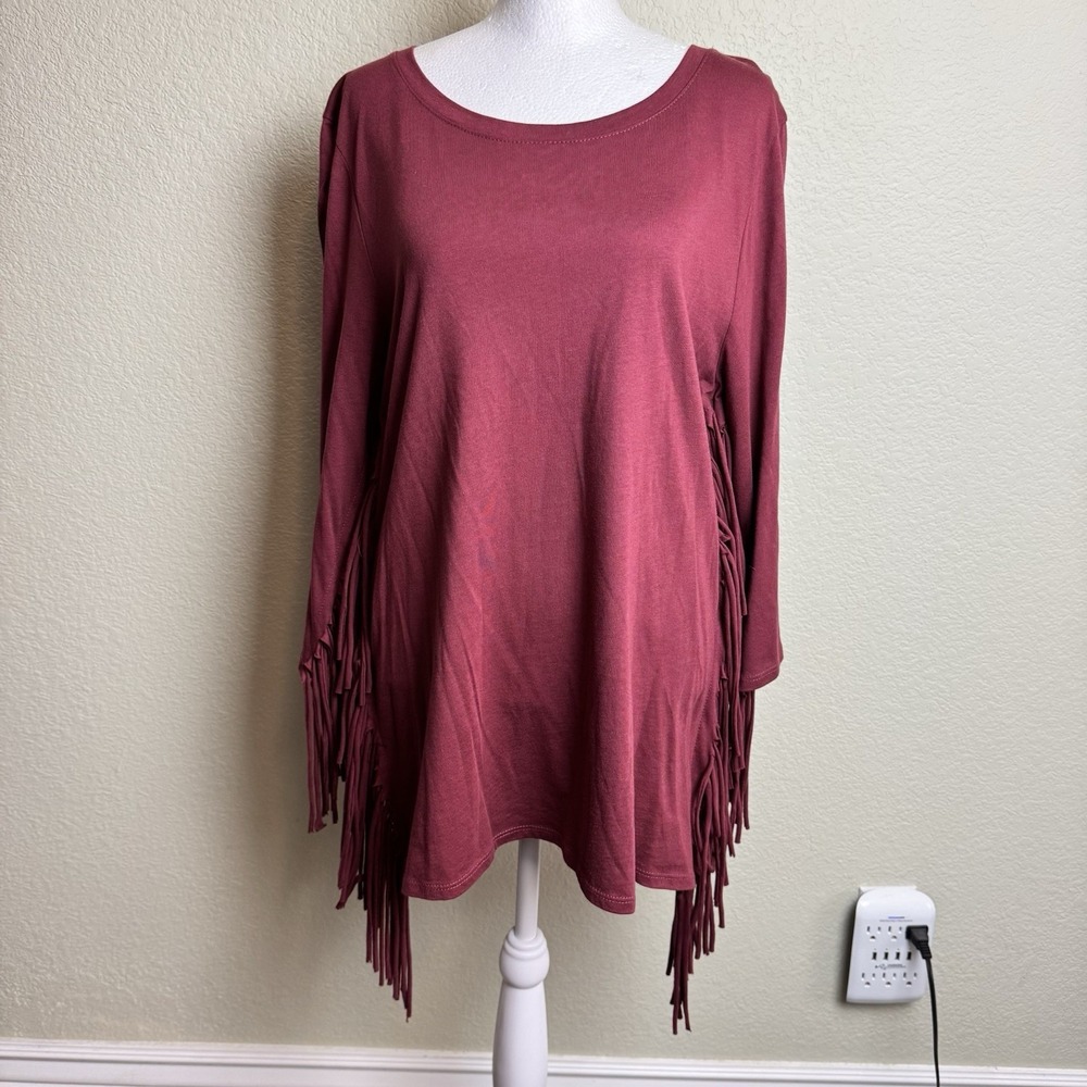 NWT Cha Cha Vente Stein Mart Burgundy Fringe Knit Long Sleeve Tunic Top Blouse L